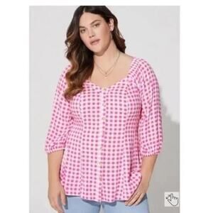 Torrid Womens Plus 4X Pink Gingham Check Button Up Blouse Top 3/4 Sleeve Shirt